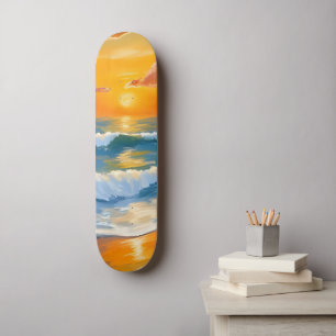 Orange Sea Sunset Watercolor Ocean Waves Painted Skateboard