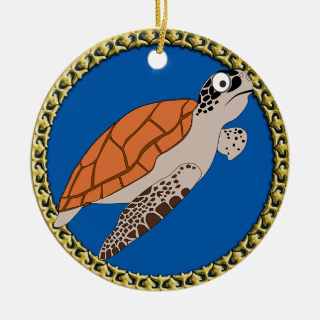 Orange sea turtle swimming with a gold frame ceramic ornament (Front)