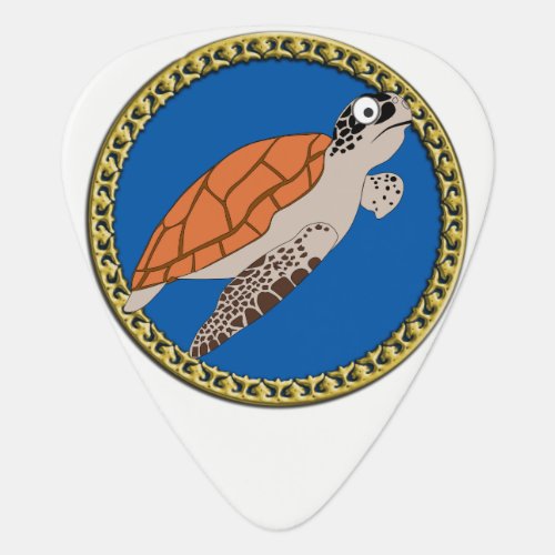 Orange sea turtle swimming with a gold frame guitar pick