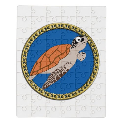 Orange sea turtle swimming with a gold frame jigsaw puzzle