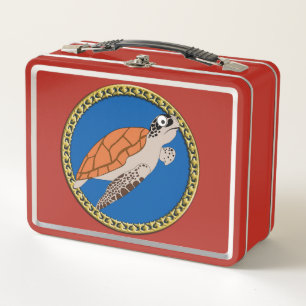Orange sea turtle swimming with a gold frame metal lunch box