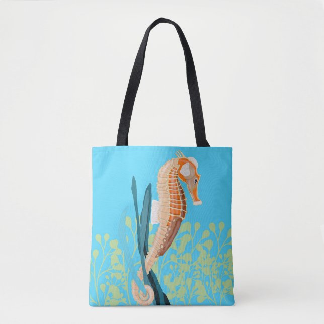 Orange Seahorse against a turquoise background Tote Bag (Front)