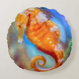Orange Seahorse delight Round Pillow