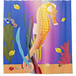 Orange Seahorse tethered on Sea Weed Shower Curtain