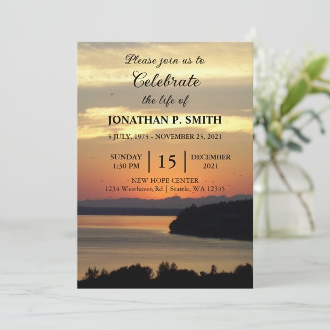 Orange Seascape Sunset Celebration of Life Invitation (Standing Front)