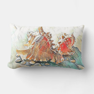 Orange Seashells on beach watercolor painting Lumbar Pillow