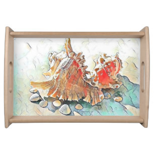 Orange Seashells on beach watercolor painting Serving Tray