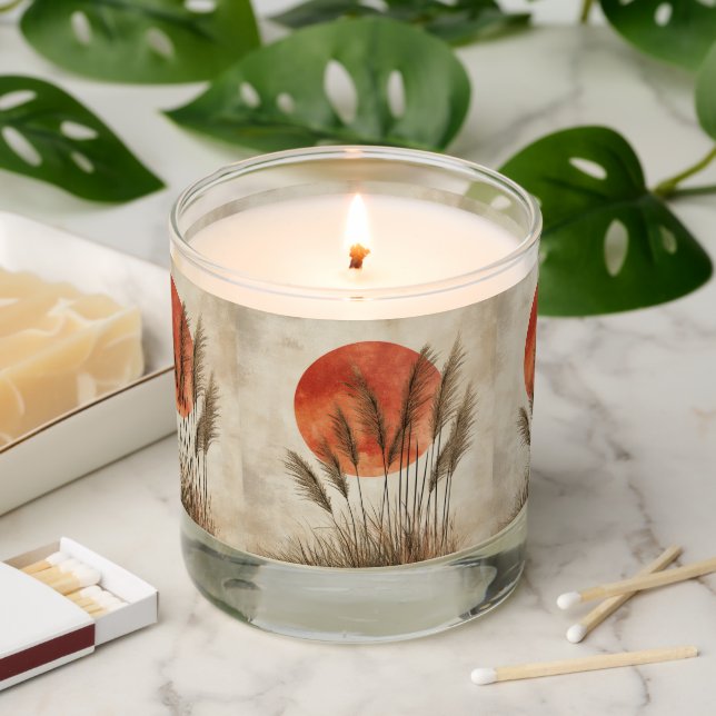 Orange Setting Sun Brown Beach Grass  Scented Candle (Lit)