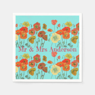 Orange Shabby Poppy Decor Serviette Napkins Aqua.