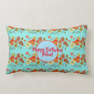 Orange Shabby Poppy Flowers Lumbar Cushion Aqua