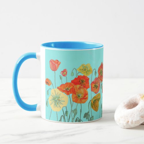 Orange Shabby Poppy Flowers Mom Daughter Mug Aqua