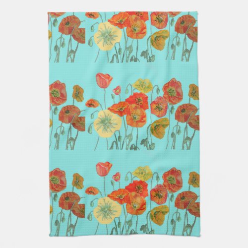 Orange Shabby Poppy Watercolour Tea Towel Aqua