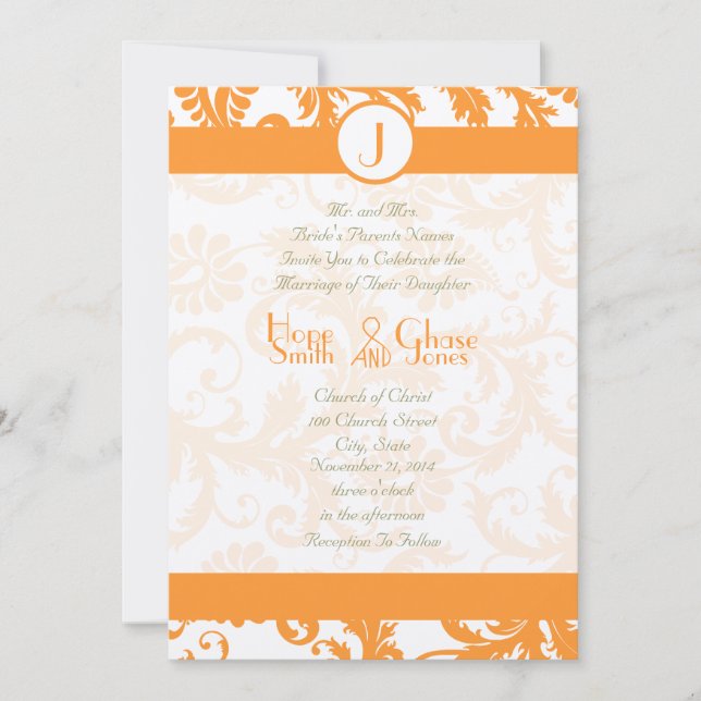 Orange Sherbert Damask Monogram Wedding Invitation (Front)