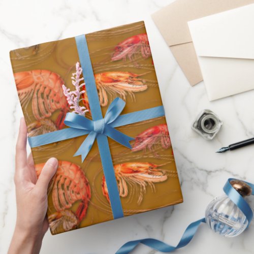 Orange Shrimp Brown Shellfish Seafood Pattern Wrapping Paper