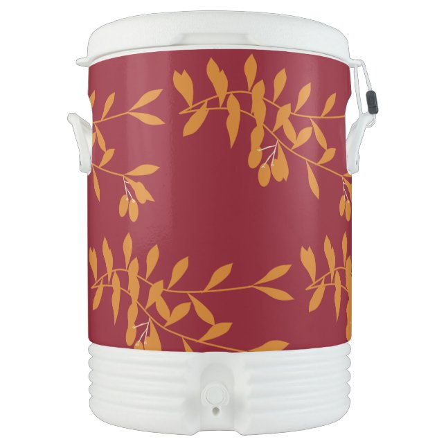 Orange silhouette branch leaves on red beverage cooler (Front)