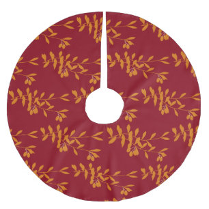 Orange silhouette branch leaves on red brushed polyester tree skirt