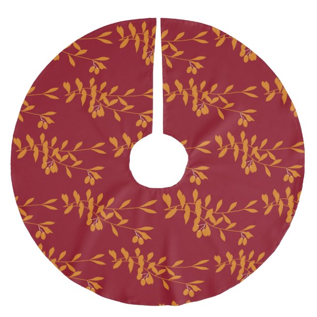 Orange silhouette branch leaves on red brushed polyester tree skirt (Front)