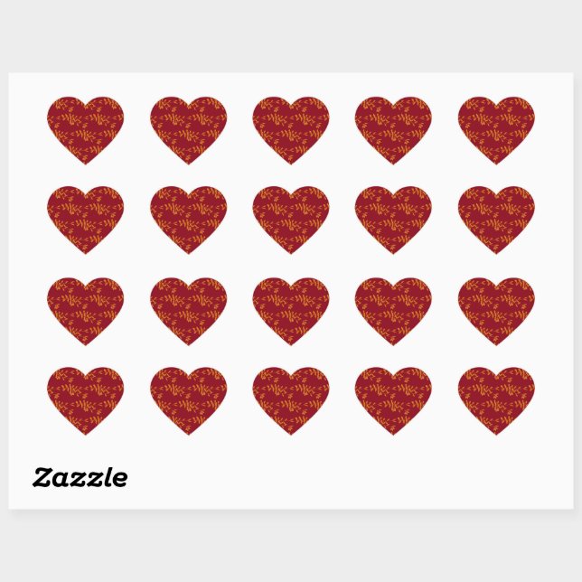 Orange silhouette branch leaves on red heart sticker (Sheet)