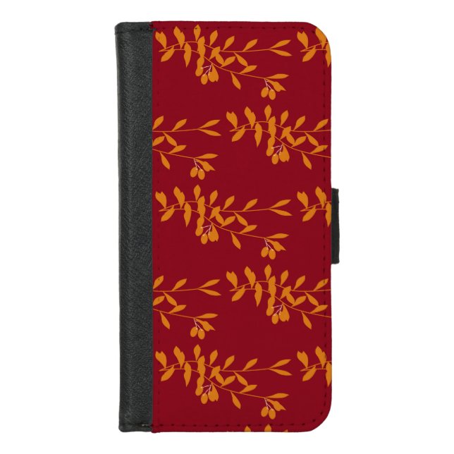 Orange silhouette branch leaves on red iPhone wallet case (Front)