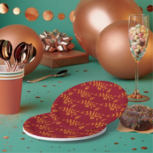 Orange silhouette branch leaves on red paper plates (Multi)