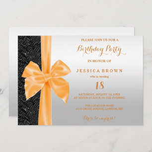 Orange Silk Bow Black Sequins 18th Birthday Invitation