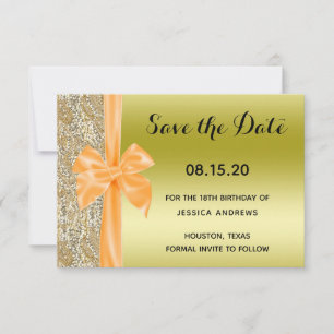 Orange Silk Bow Gold Sequins 18th Birthday Save The Date