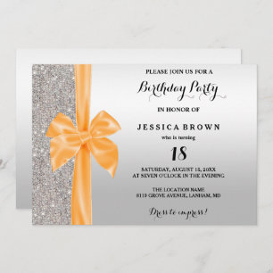 Orange Silk Bow Silver Sequins 18th Birthday Invitation