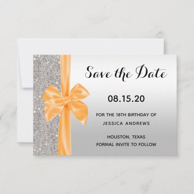 Orange Silk Bow Silver Sequins 18th Birthday Save The Date (Front)
