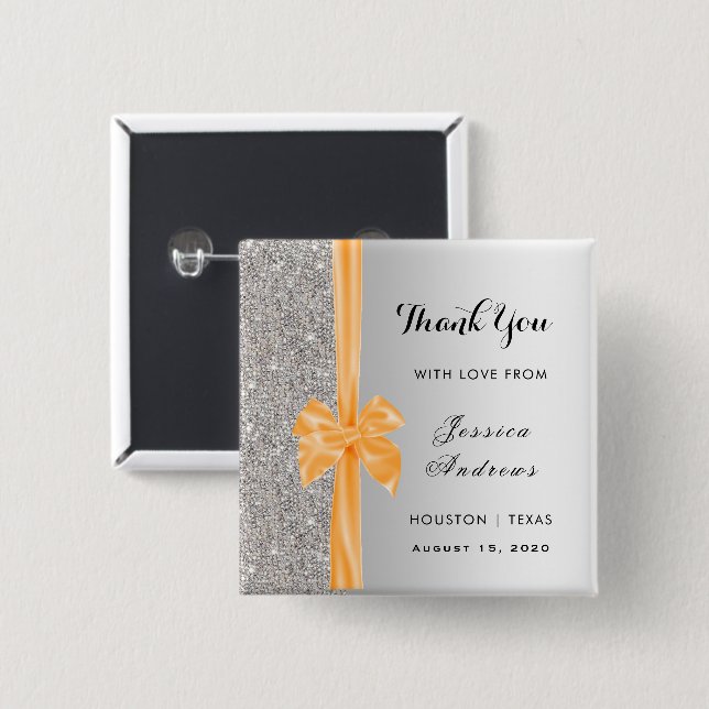 Orange Silk Bow Silver Sequins Birthday Favor Button (Front & Back)
