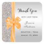 Orange Silk Bow Silver Sequins Thank You Square Sticker