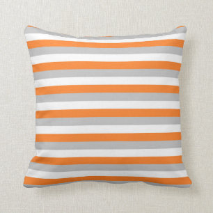 Orange, Silver and White Stripes Throw Pillow