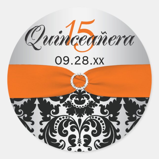 Orange, Silver, Black Damask Quinceanera Sticker (Front)