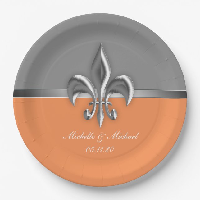 Orange Silver Fleur de Lis Paper Plates (Front)