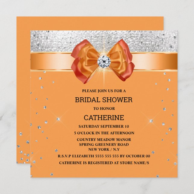 Orange silver glitter bow elegant chic sparkle  invitation (Front/Back)