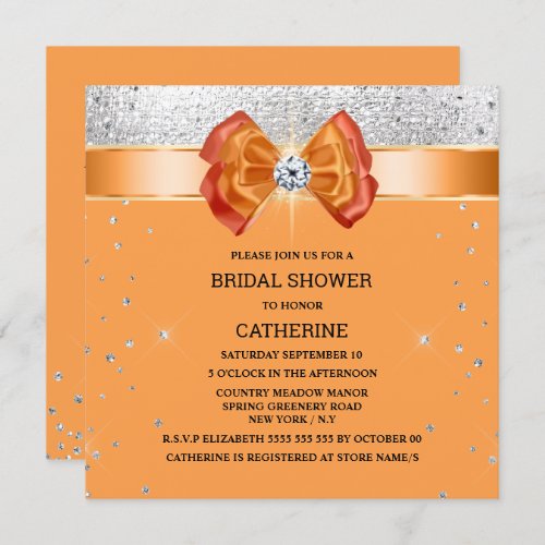 Orange silver glitter bow elegant chic sparkle  invitation