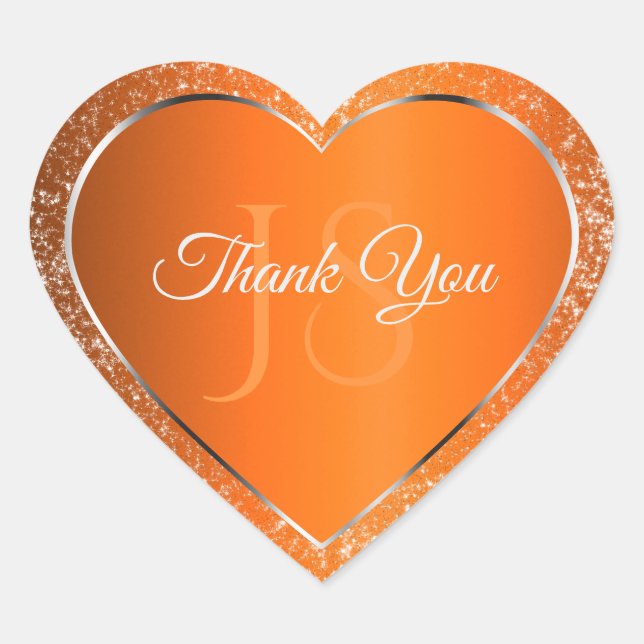 Orange Silver with Glitter Initials Cute Thank You Heart Sticker (Front)