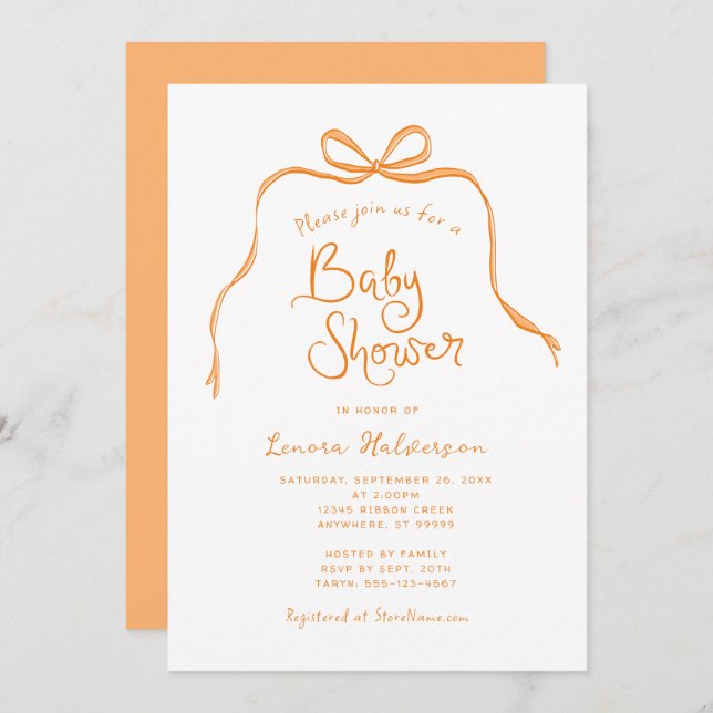 Orange Simple Bow Baby Shower Invitation (Front/Back)