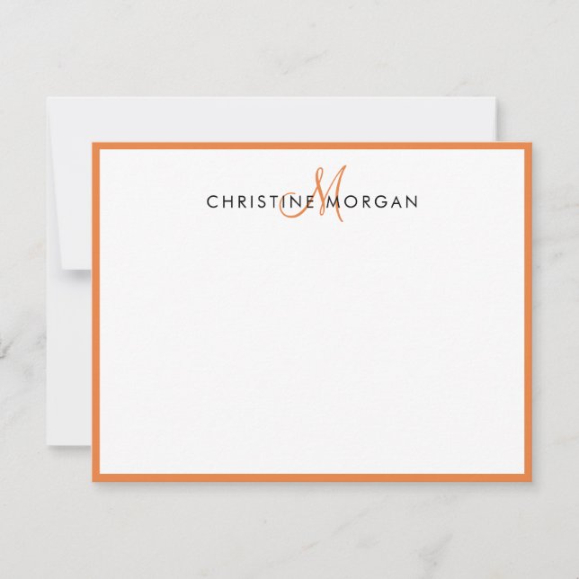 Orange simple chic minimalist monogram name note card (Front)