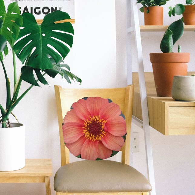 Orange Single Dahlia Bloom Floral Round Pillow (In Situ Chair)