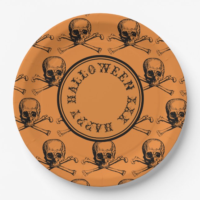 Orange Skull Halloween Personalized Message Paper Plates (Front)