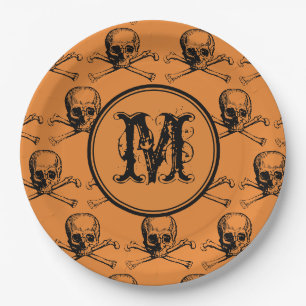 Orange Skull Halloween Personalized Monogram Paper Plates