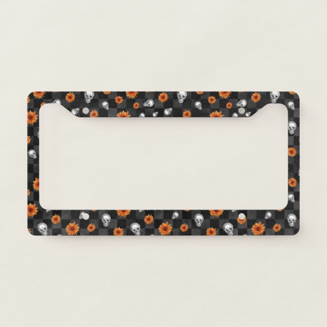 Orange Skulls and Sunflower Series Design 11  License Plate Frame (Front)
