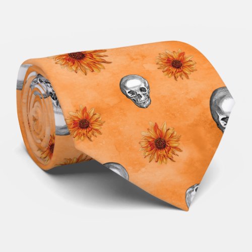 Orange Skulls and Sunflower Series Design 8  Neck Tie