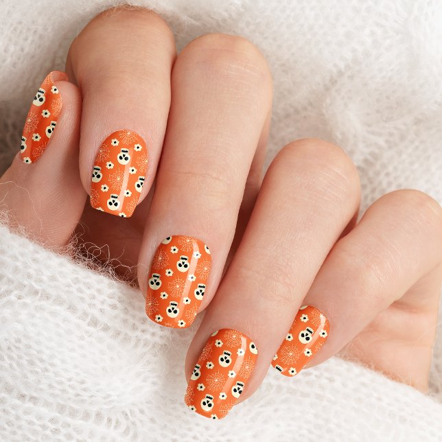 Orange Skulls Flowers Spider Web Halloween Minx Nail Art (Creator Uploaded)