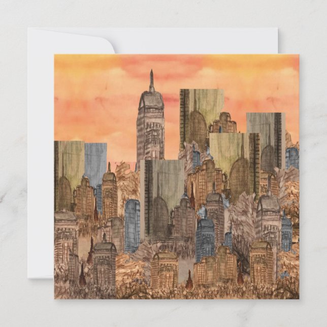 Orange Sky City Sunset Blank Flat Note Card (Front)