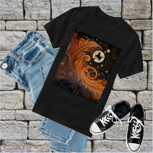 Orange Sky with Moon and Witch On Broom T_Shirt