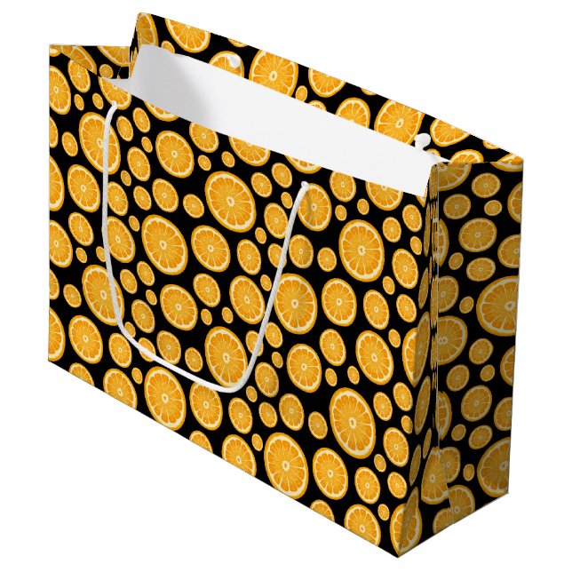 Orange Slice Citrus Fruit Black Large Gift Bag (Front Angled)