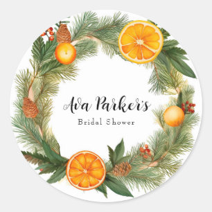 Orange Slice Green Pine Needles Bridal Shower Classic Round Sticker
