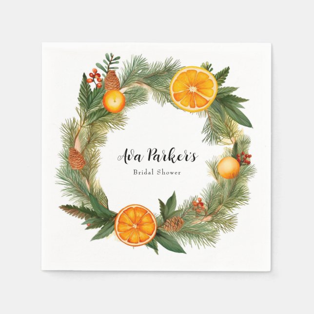 Orange Slice Green Pine Needles Bridal Shower Napkins (Front)