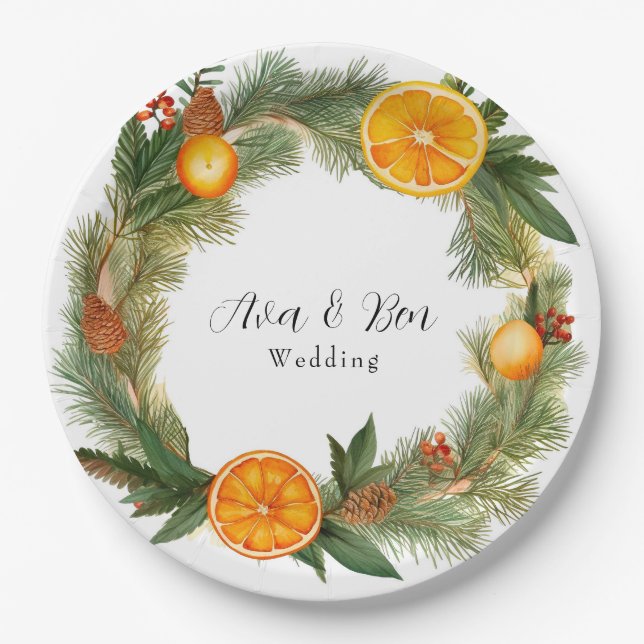 Orange Slice Green Pine Needles Wedding Paper Plates (Front)